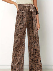 Leopard Print Wide Leg Pants with Bow Pleats