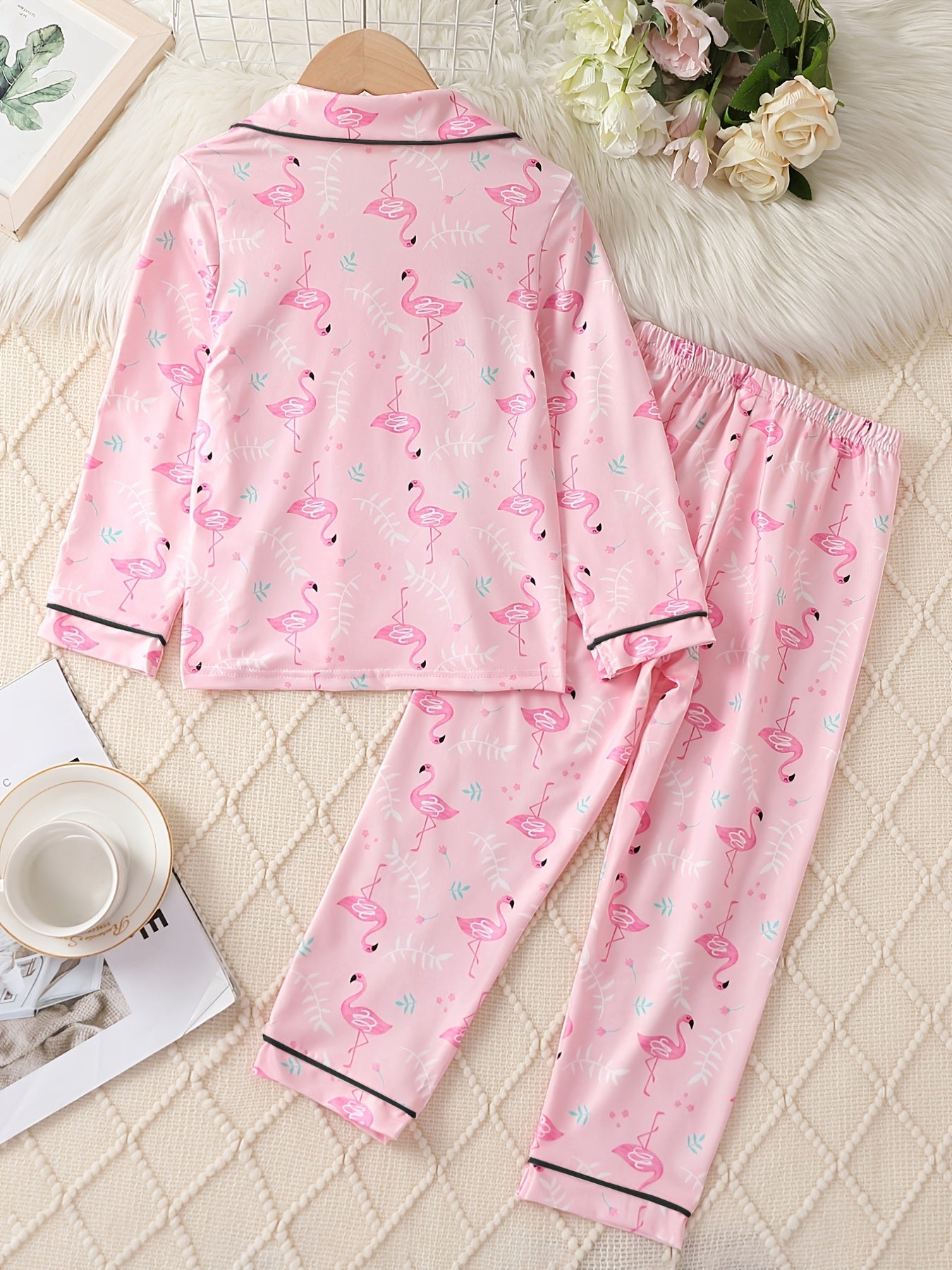 Girl's Flamingo Allover Print Pajamas Button Front Top & Pants Set