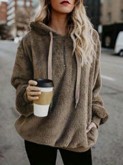 Solid Zip Pocket Fuzzy Hoodie Long Sleeve Drawstring Hoodie Sweatshirt