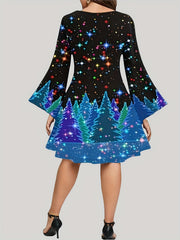Christmas Casual Dress Women's Plus Tree Print Long Sleeve Dress