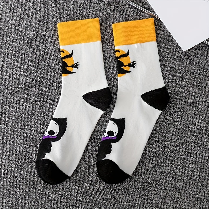 5 Pairs Skull & Bat Print Halloween Crew Socks Women's Stockings & Hosiery
