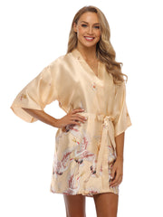 Crane Print Night Robe Long Sleeve V Neck Robe With Belt Women's Sleepwear
