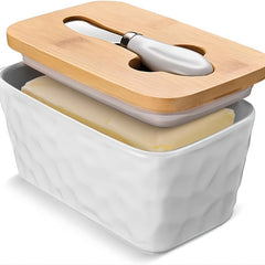 Ceramic Butter Dish with Stainless Steel Saucer and Wooden Lid