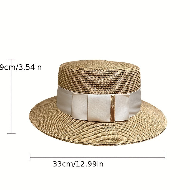 British Style Straw Sun Hat Flat Brim Jazz Fedora Cap Ribbon Bowknot Decor