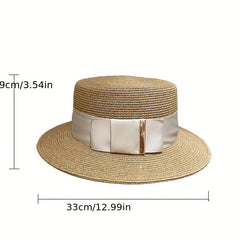 British Style Straw Sun Hat Flat Brim Jazz Fedora Cap Ribbon Bowknot Decor