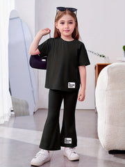 Girl's 2pcs Tshirt & Flared Pants Set BE AWESOME TODAY Patched Short Sleeve Top