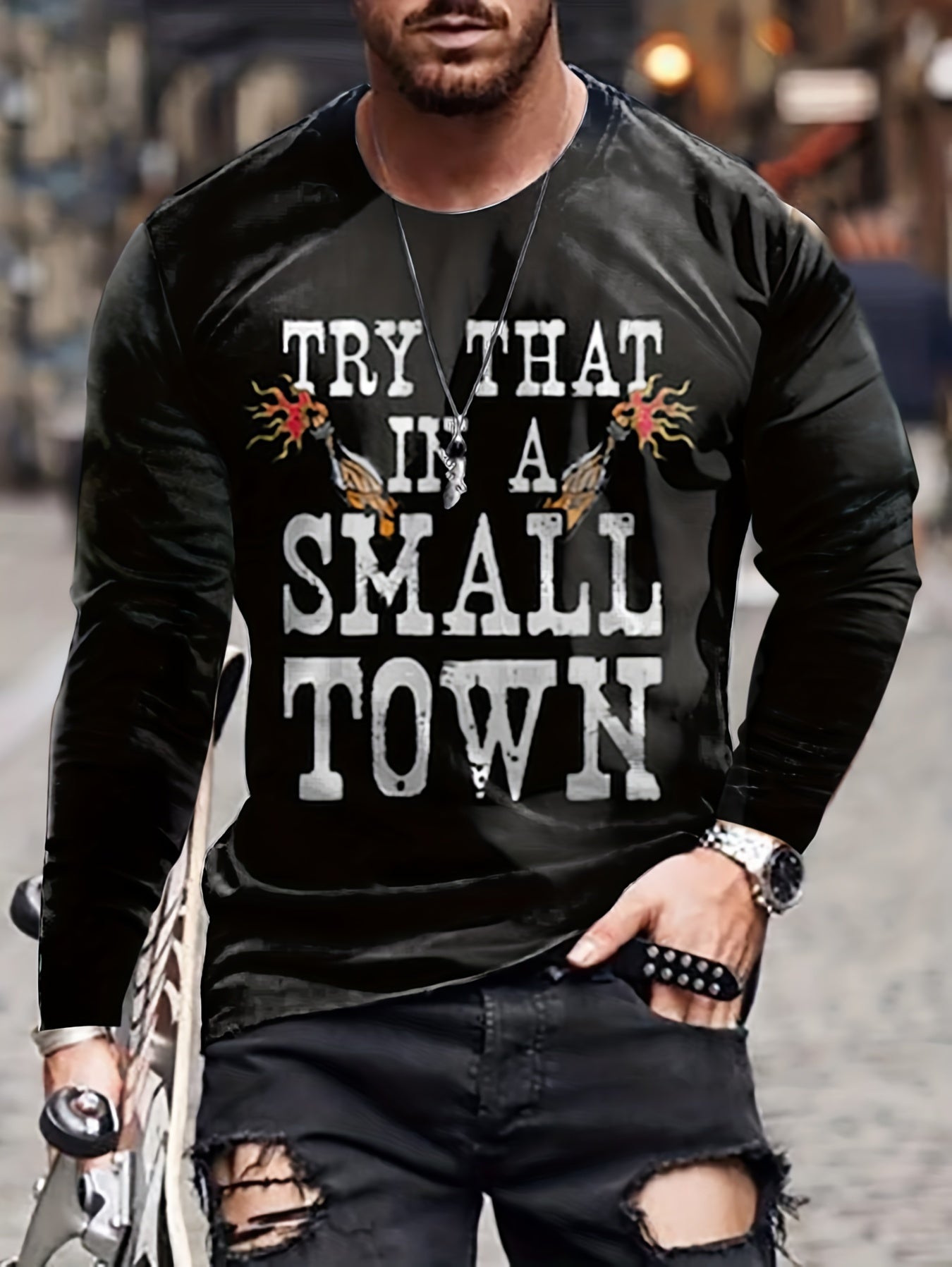 Small Town Print Men's Long Sleeve Vintage T-shirt for Autumn