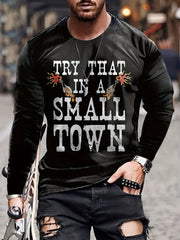 Small Town Print Men's Long Sleeve Vintage T-shirt for Autumn