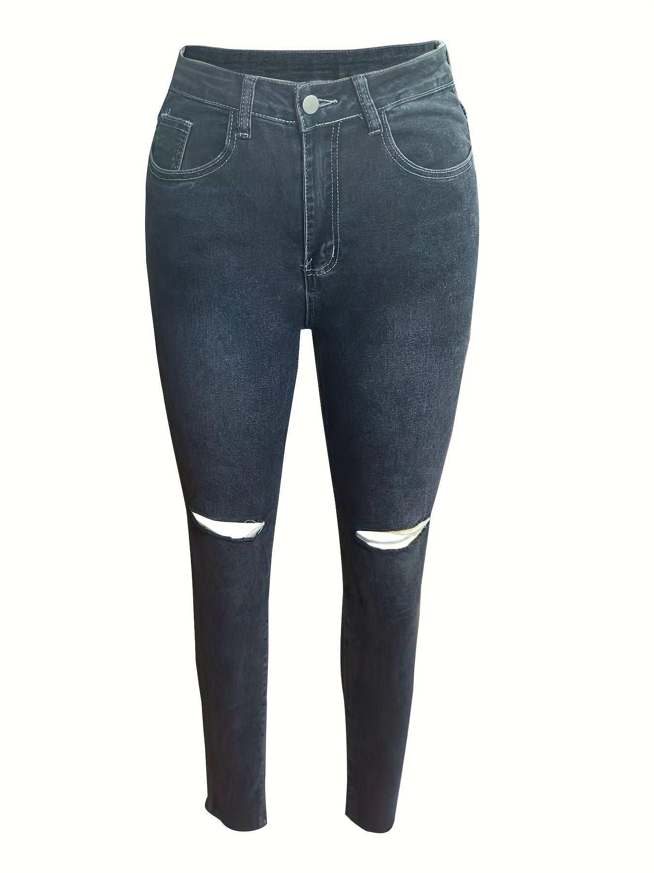 Distressed Skinny Jeans High Stretch Solid Denim Pants
