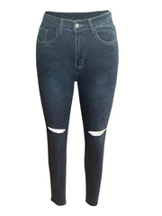 Distressed Skinny Jeans High Stretch Solid Denim Pants