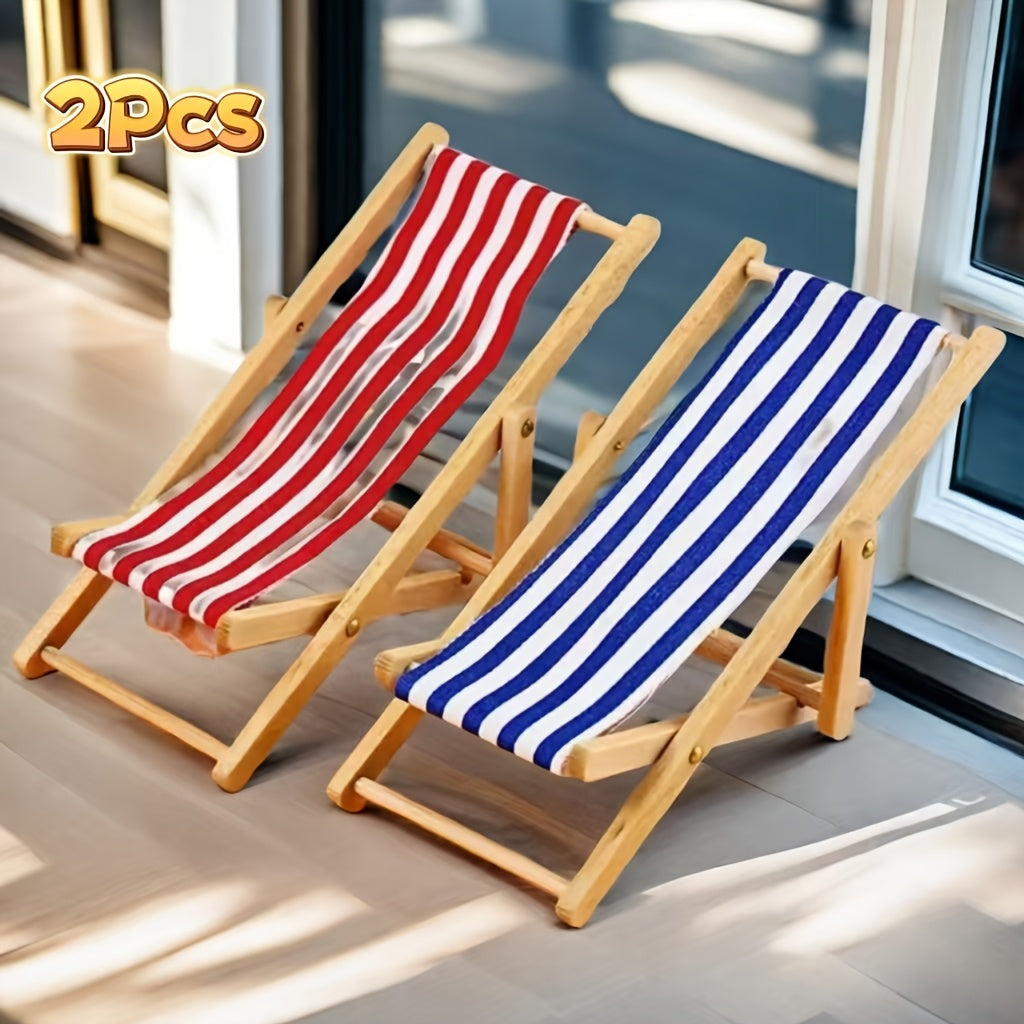 Wooden Beach Chairs Folding Red Striped for Dollhouses