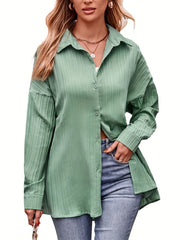 Ribbed Button Up Long Sleeve Blouse