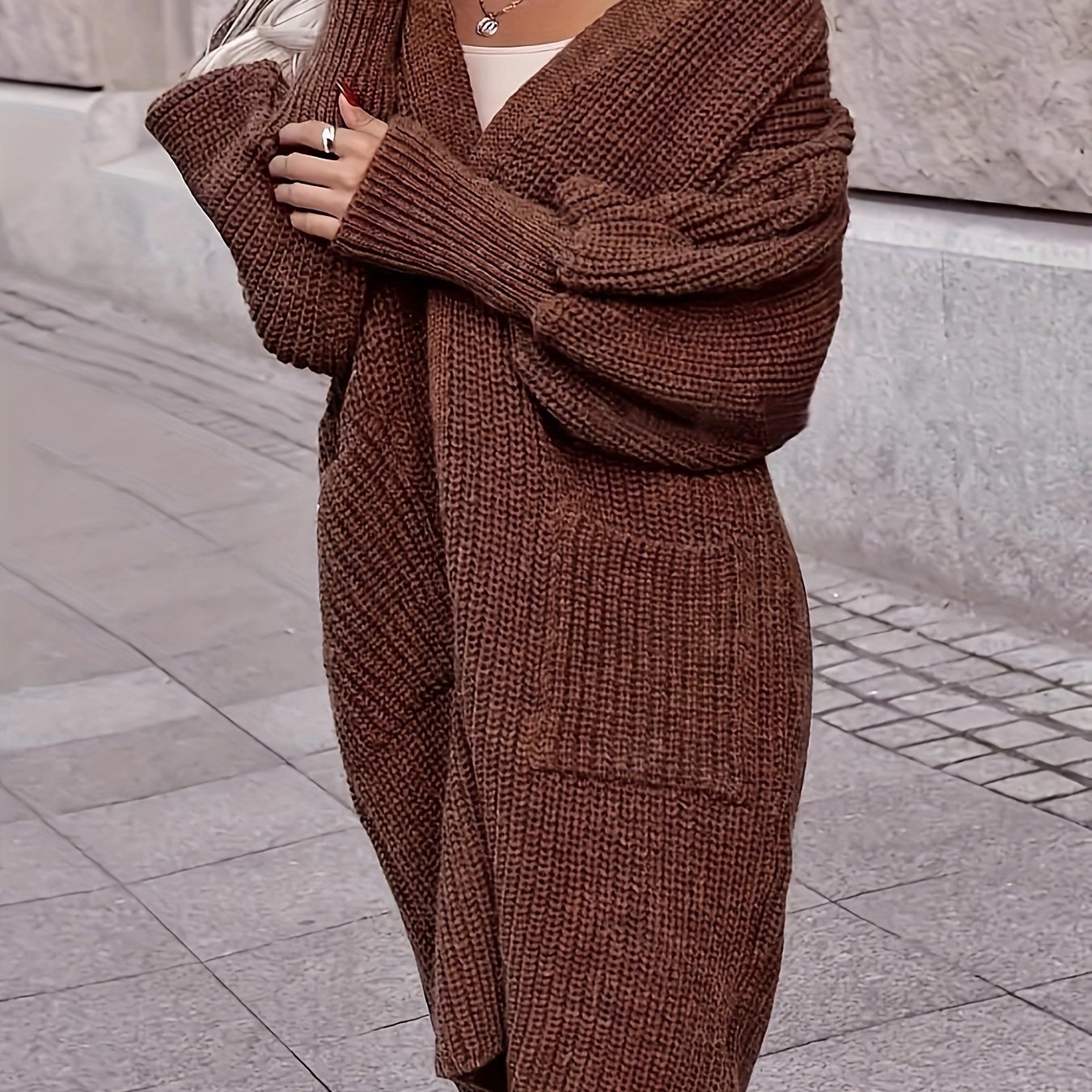 Solid Lantern Sleeve Open Front Cardigan With Pockets