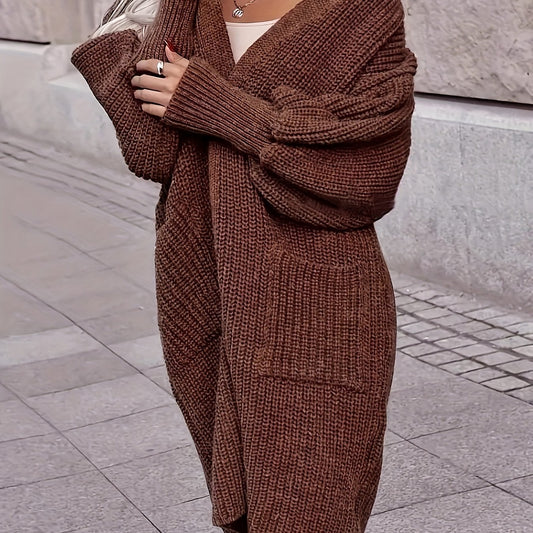 Solid Lantern Sleeve Open Front Cardigan With Pockets
