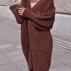 Solid Lantern Sleeve Open Front Cardigan With Pockets