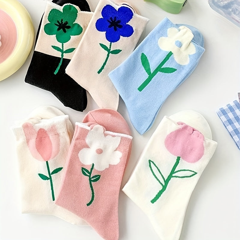 6 Pairs Floral Print Mid Tube Socks Women's Stockings