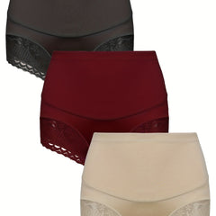 3 Pack Plus Size Panties Set Women's Plus Contrast Lace Tummy Control High Waist