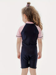 Toddler Girls Block Zipper Short Sleeve Stand Collar Swimsuit