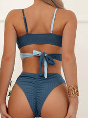 Colorblock Layered Bikini Sets V Neck Tie Back High Cut High Stretch Swimsuit