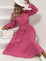 Floral Print Button Belted Pleated Dress Flounce Sleeve Midi Dress