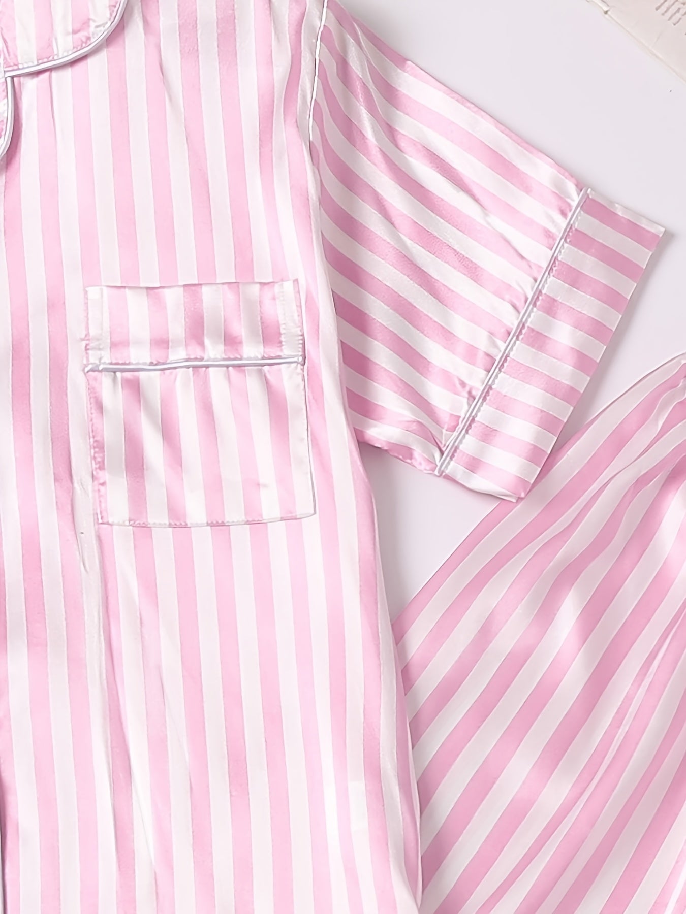 Girls Pink Stripes Pajama Set V Neck Short Sleeve Top & Pants