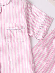 Girls Pink Stripes Pajama Set V Neck Short Sleeve Top & Pants