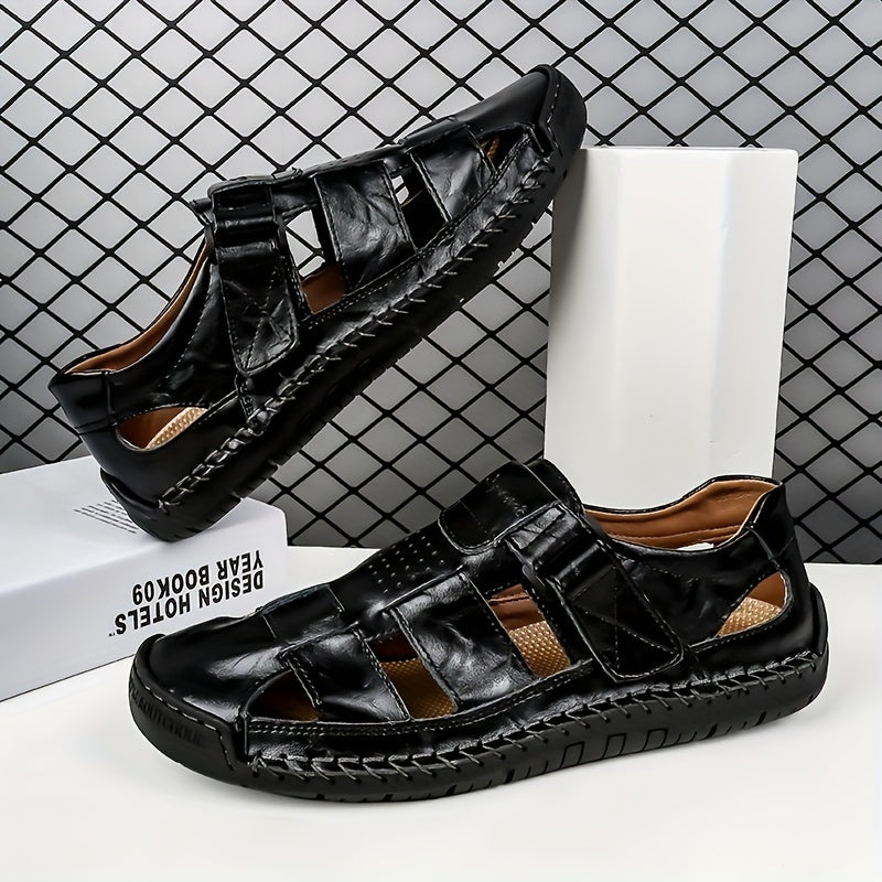 Men's Vintage Leather Slide Sandals Hook and Loop Casual Walking Shoes