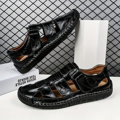 Men's Vintage Leather Slide Sandals Hook and Loop Casual Walking Shoes