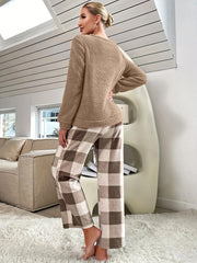 Flannel Pajama Set: Crew Neck Top & Plaid Pants