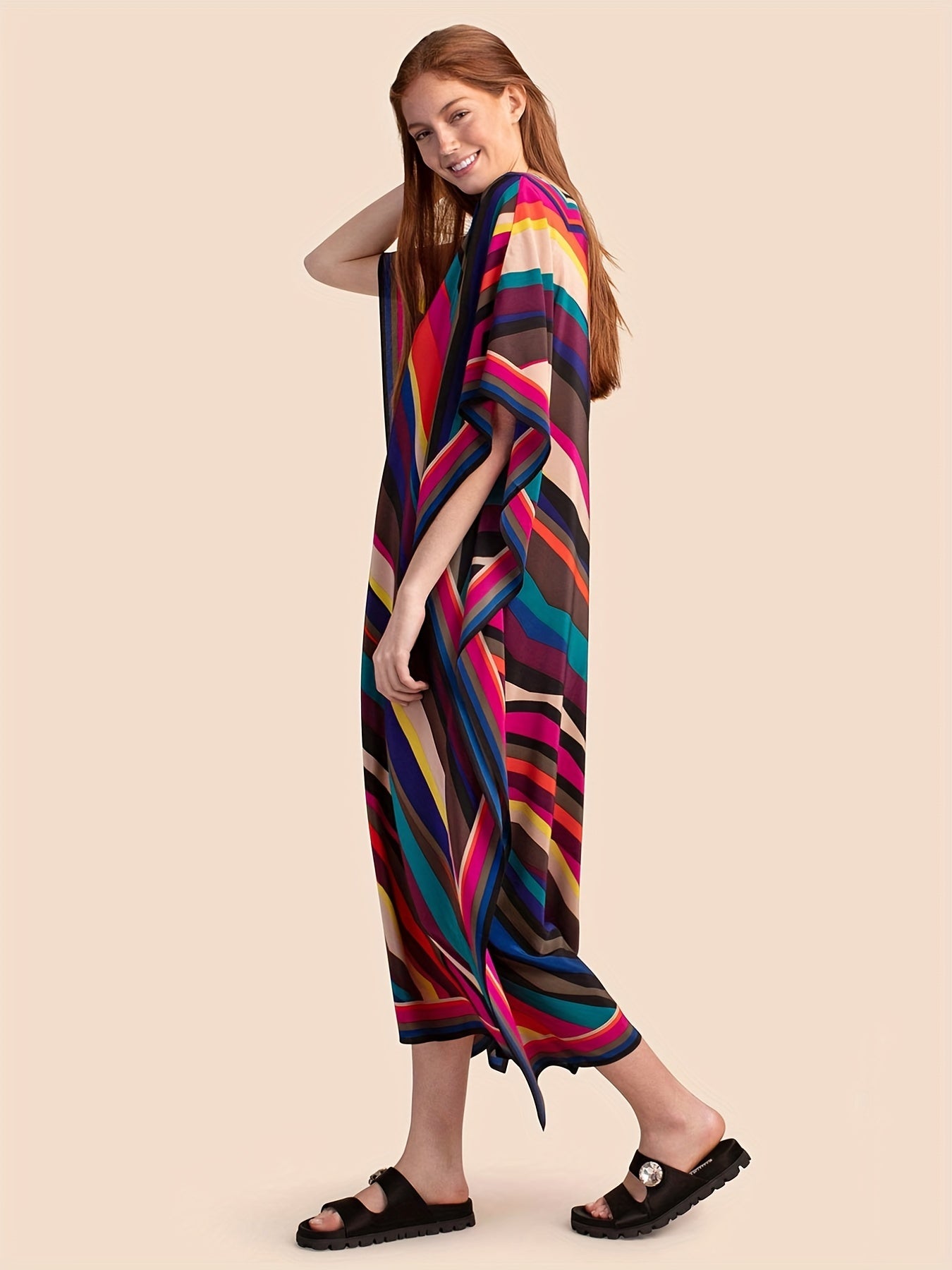 Colorblock Stripe Print V Neck Bat Sleeve Maxi Cover Up