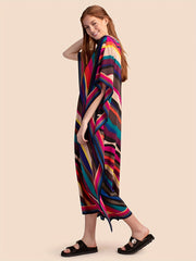 Colorblock Stripe Print V Neck Bat Sleeve Maxi Cover Up