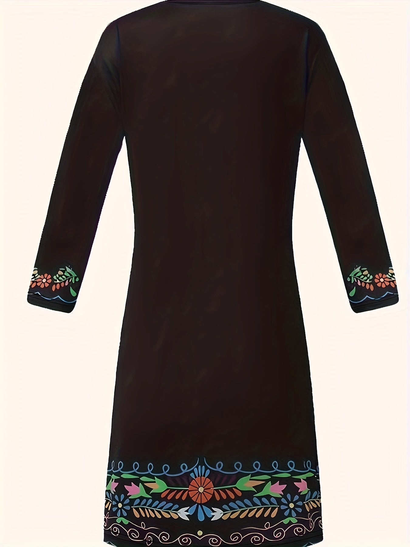 Border Floral Print Long Sleeve Round Neck Dress