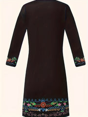 Border Floral Print Long Sleeve Round Neck Dress