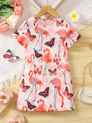 Girls Flamingo Graphic T-shirt Dress for Summer