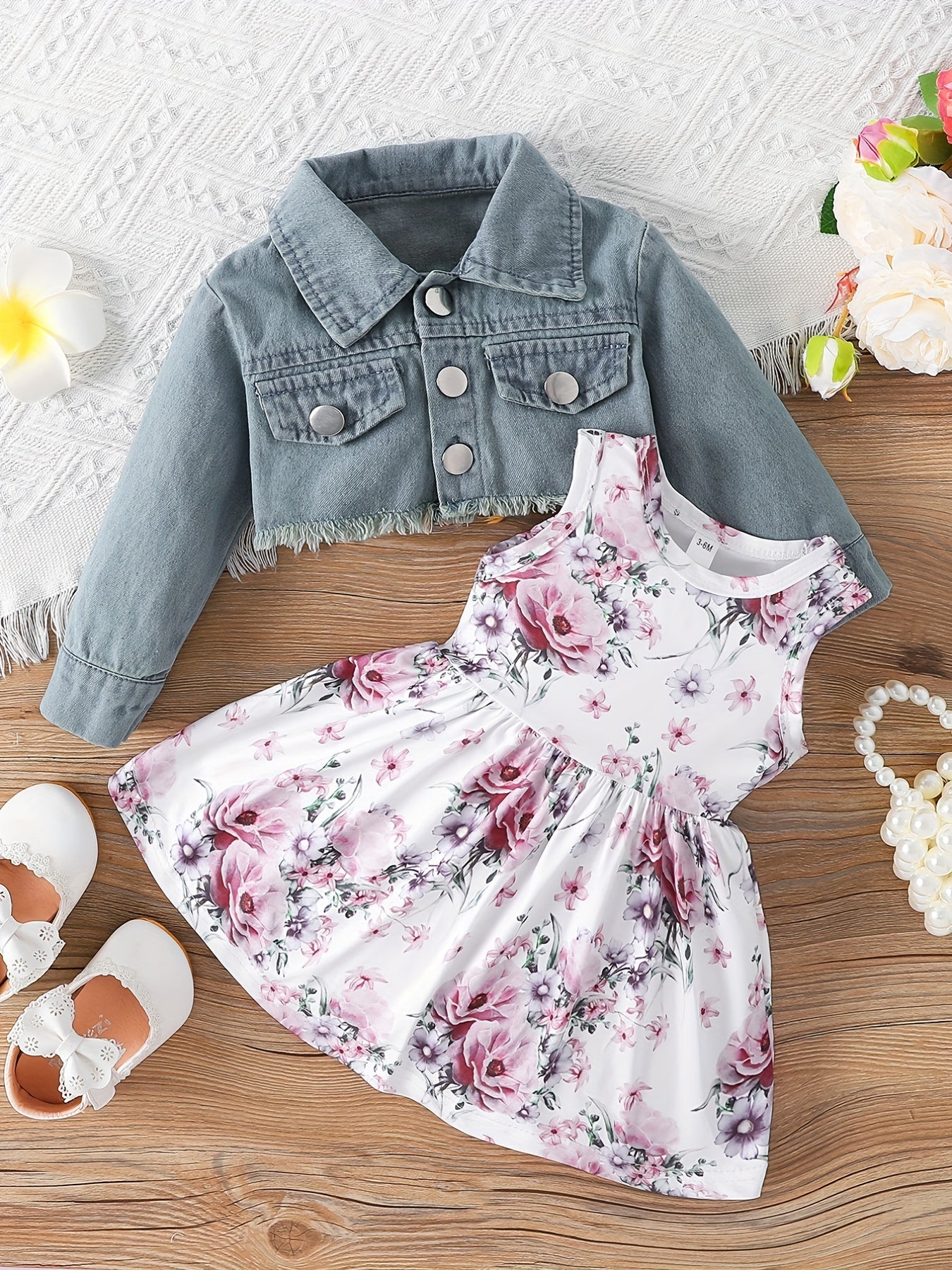 2pcs Baby Girls Dress & Denim Jacket Set