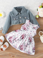 2pcs Baby Girls Dress & Denim Jacket Set