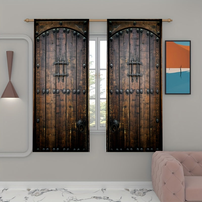Wooden Door Pattern Curtains Retro Decorative Printed Soft Translucent Curtains