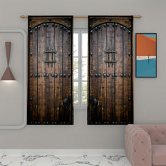 Wooden Door Pattern Curtains Retro Decorative Printed Soft Translucent Curtains