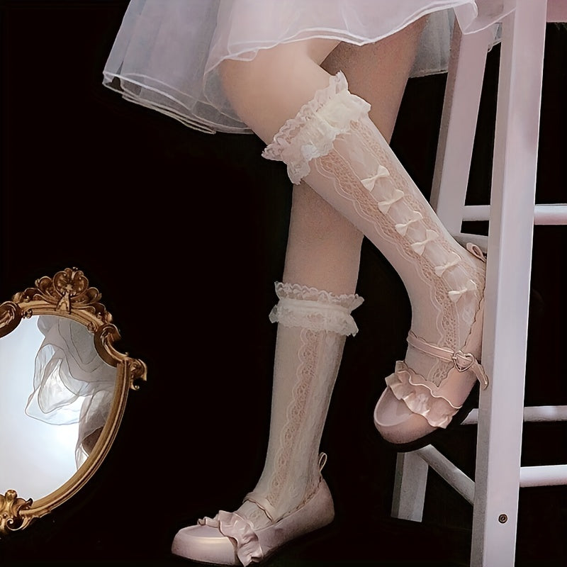 Floral Lace Bow Calf Socks Lolita Ruffle Knee High Socks