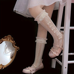 Floral Lace Bow Calf Socks Lolita Ruffle Knee High Socks