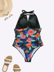 Tropical Print Keyhole Halter One Piece Swimsuit
