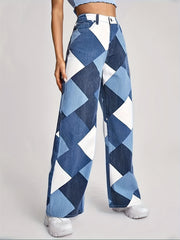 Geometric Print Straight Jeans Loose Fit Denim Pants