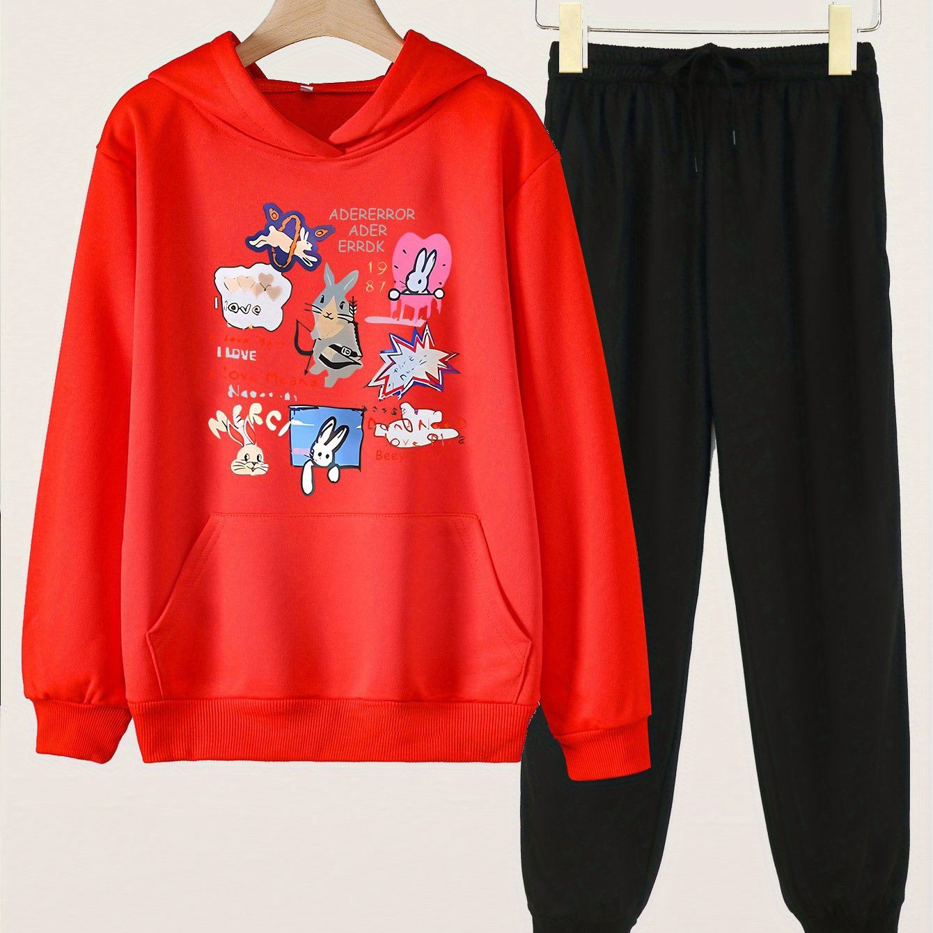 Graffiti Bunny Hoodie & Pants Set For Girls