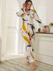Floral Print Pajama Set Long Sleeve Top & Pants Women's Sleepwear
