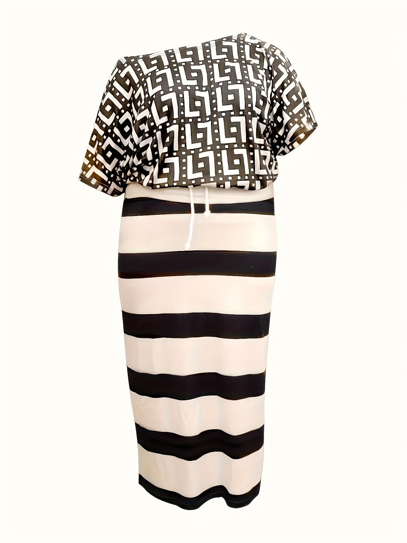 One Shoulder Short Sleeve Tee & Striped Skirt Set
