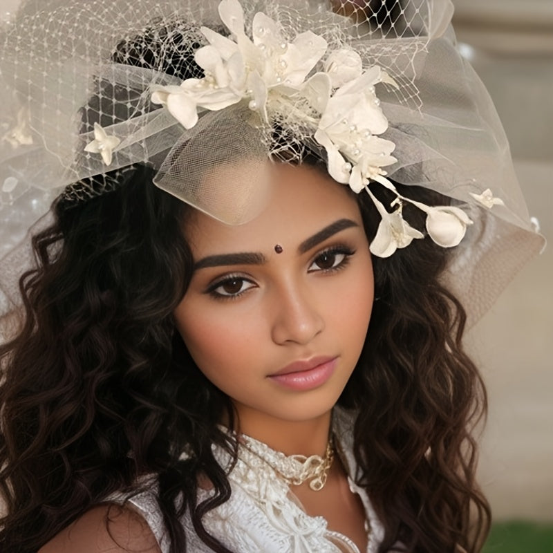 Bohemian Floral Mesh Bridal Headpiece with Veil