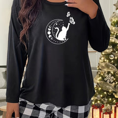 Women's Plus Moon & Cat Long Sleeve Crew Neck Tee