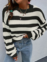 Casual Sweater Women's Plus Stripe Print Long Sleeve