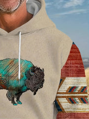 Ox Print Hoodie Kangaroo Pocket Men's Pullover Hooded Sweatshirt