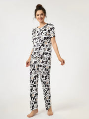 Women's Cow Print Pajamas Set Top & Pants Short Sleeve Loose Long